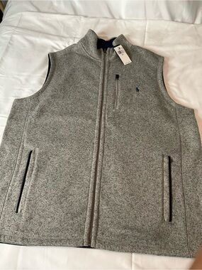 Ralph Lauren Gray Fleece Sleeveless Zip Vest with Navy Logo